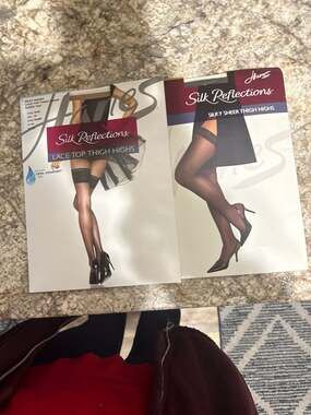 Lot of 2 Hanes Silk Reflections Thigh Highs: 1 Lace Top Style 0A444 and 1 Silky